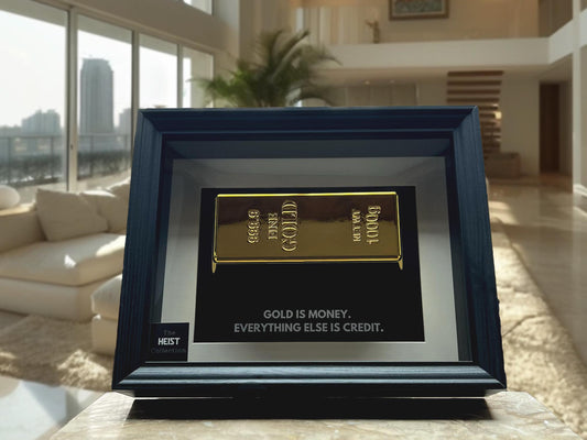 Replica Framed 1kg Gold Bar Artwork: "Gold Is Money, Everything Else is Credit" Money Heist Masterpiece